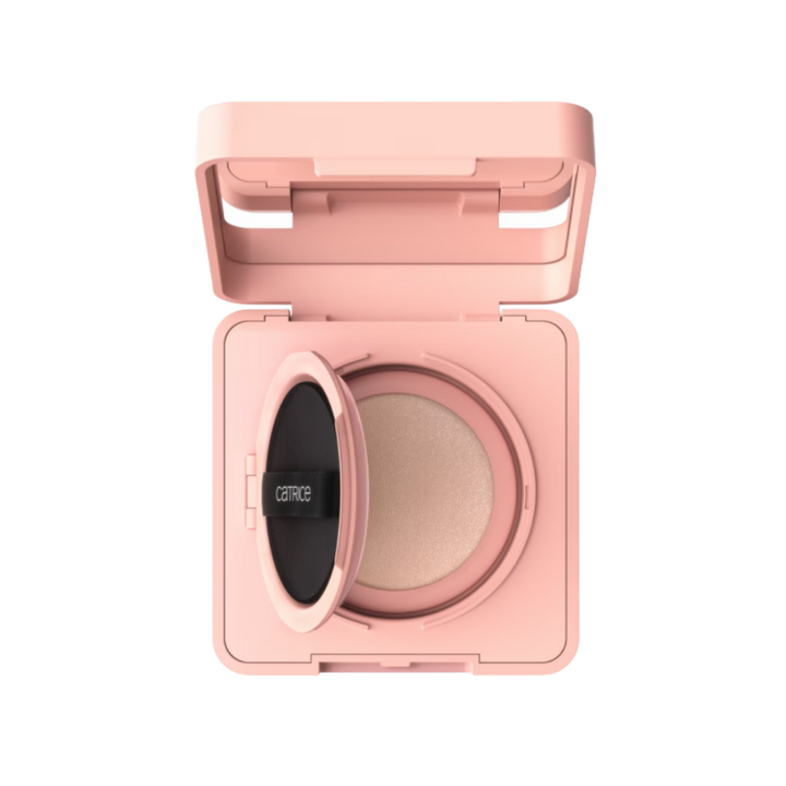 Pink rectangular makeup compact case with open lid, mirror, and circular powder compartment interior.