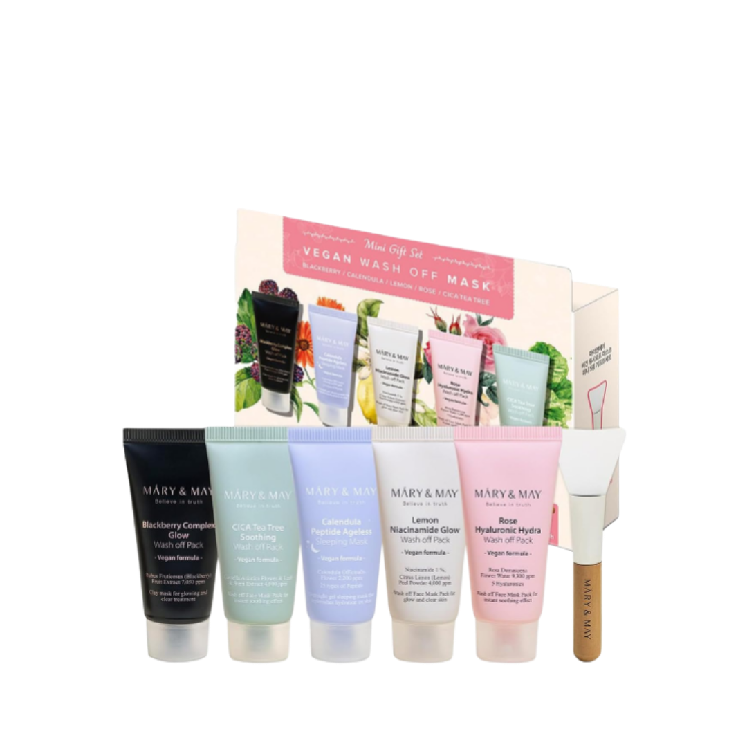 MARY & MAY Vegan Wash Off Mask Mini Gift Set (x20) (Bulk Box) | مجموعة هدايا ماسك الوجه القابل للغسل من مارِي آند ماي – نسخة صغيرة (20 قطعة) (علبة كبيرة)