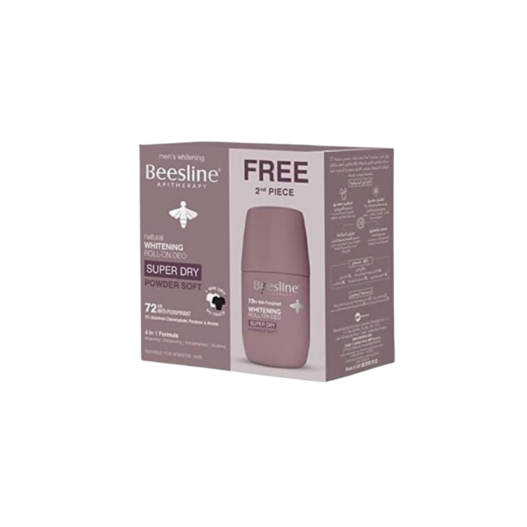 Beesline Natural Whitening Roll On Deodorant Super Dry Powder Soft 1+1 Free Offe - 2x50ml | بيزلين مزيل العرق رول اون يفتح البشرة، عبوة 1+1 مجانية - 2 × 50 مل
