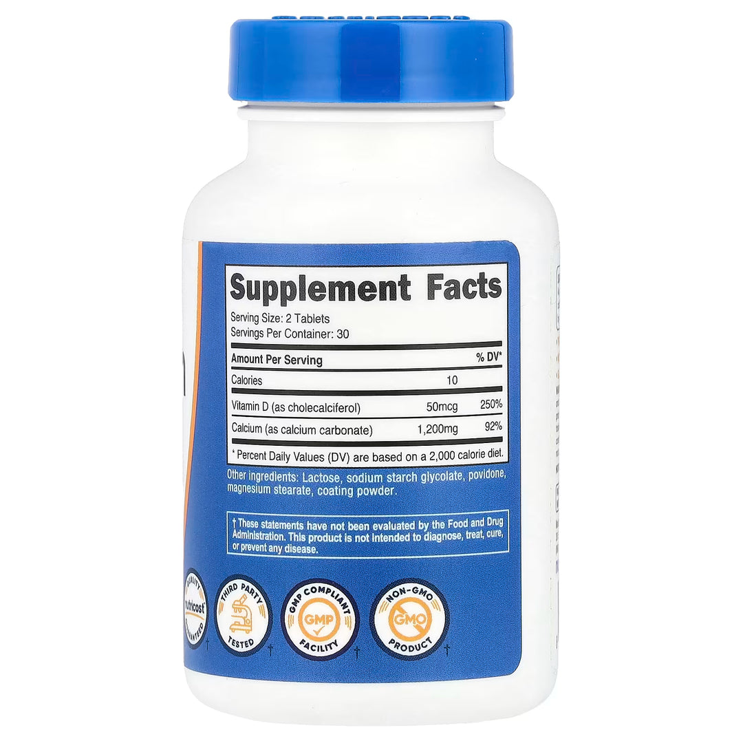Nutricost Calcium 1200mg + Vitamin D3 2000 ui - 60 Tablets | نيوتريكوست مكمل غذائي كالسيوم 1200 مغ مع فيتامين دال 2000 وحدة دولية - 60 قرص