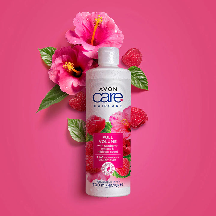 Avon Care Full Volume with Raspberry Extract & Hibiscus Scent - 2in1 Shampoo & Conditioner for all Hair Types - 700ml | أفون كير شامبو وبلسم 2 في 1 لزيادة كثافة الشعر بخلاصة التوت ورائحة الكركديه - 700 مل