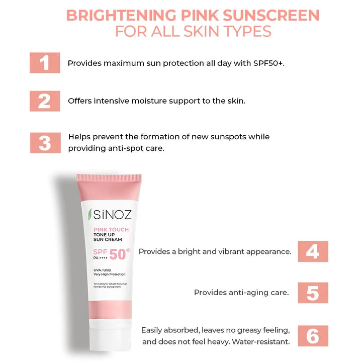 Sinoz Pink Touch Tone Up Sun Cream SPF 50+ - UVA High Protection - 50ml | سينوز كريم واقي شمسي بلمسة وردية spf +50 - 50 مل