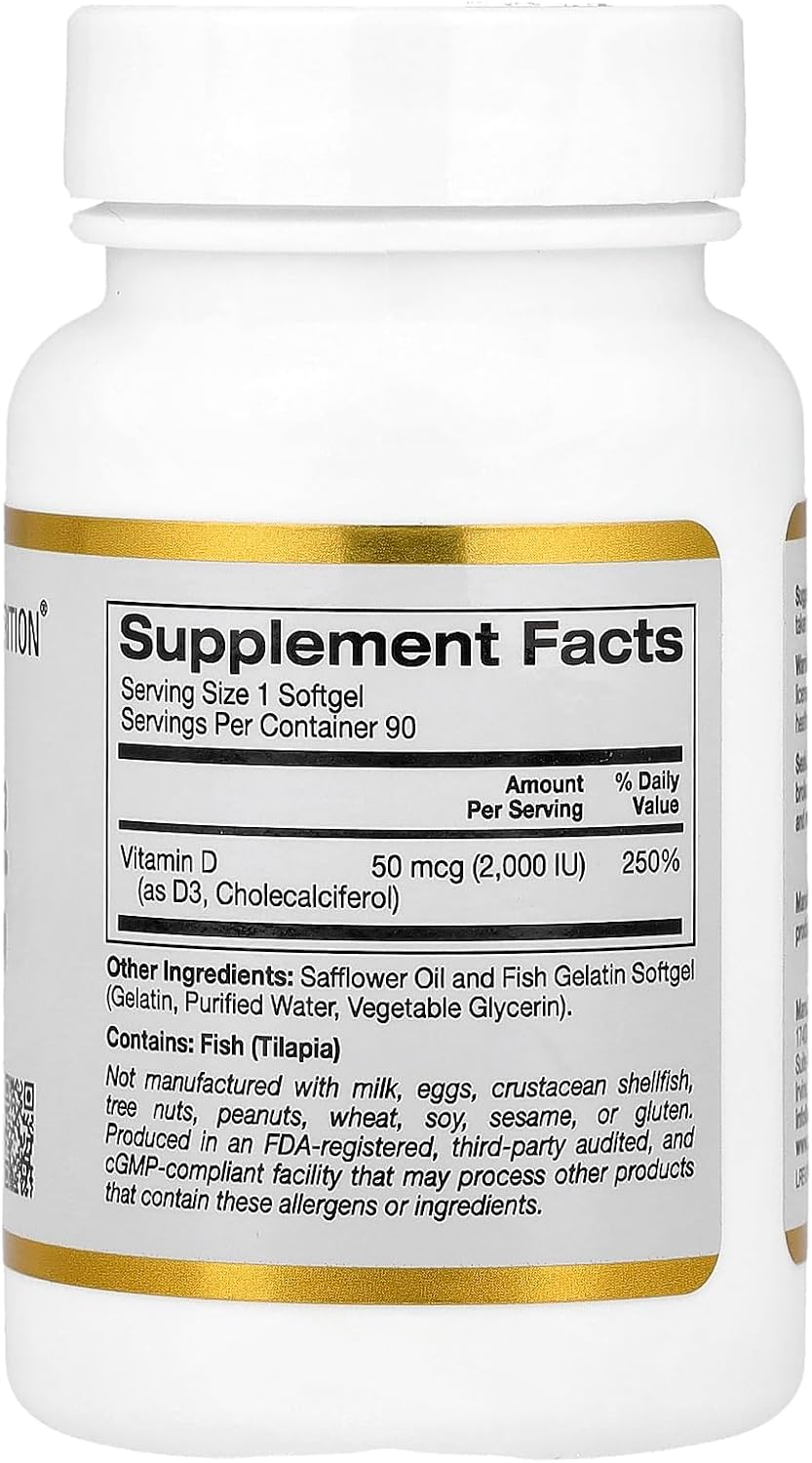 California Gold Nutrition, Vitamin D3, 50 mcg (2,000 IU) - 90 Fish Gelatin Softgels | كاليفورنيا غولد نيوتريشن فيتامين D3 بتركيز 50 مكغ (2000 وحدة دولية) - 90 كبسولة جيلاتين سمك طرية