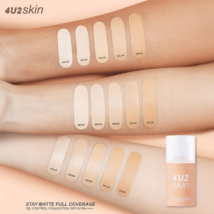 4U2 Skin Stay Matte Full Coverage Foundation With Spf50 pa++++ - 25ml | فور يو تو سكين كريم أساس مات بتغطية كاملة مع واقي شمس- 25مل