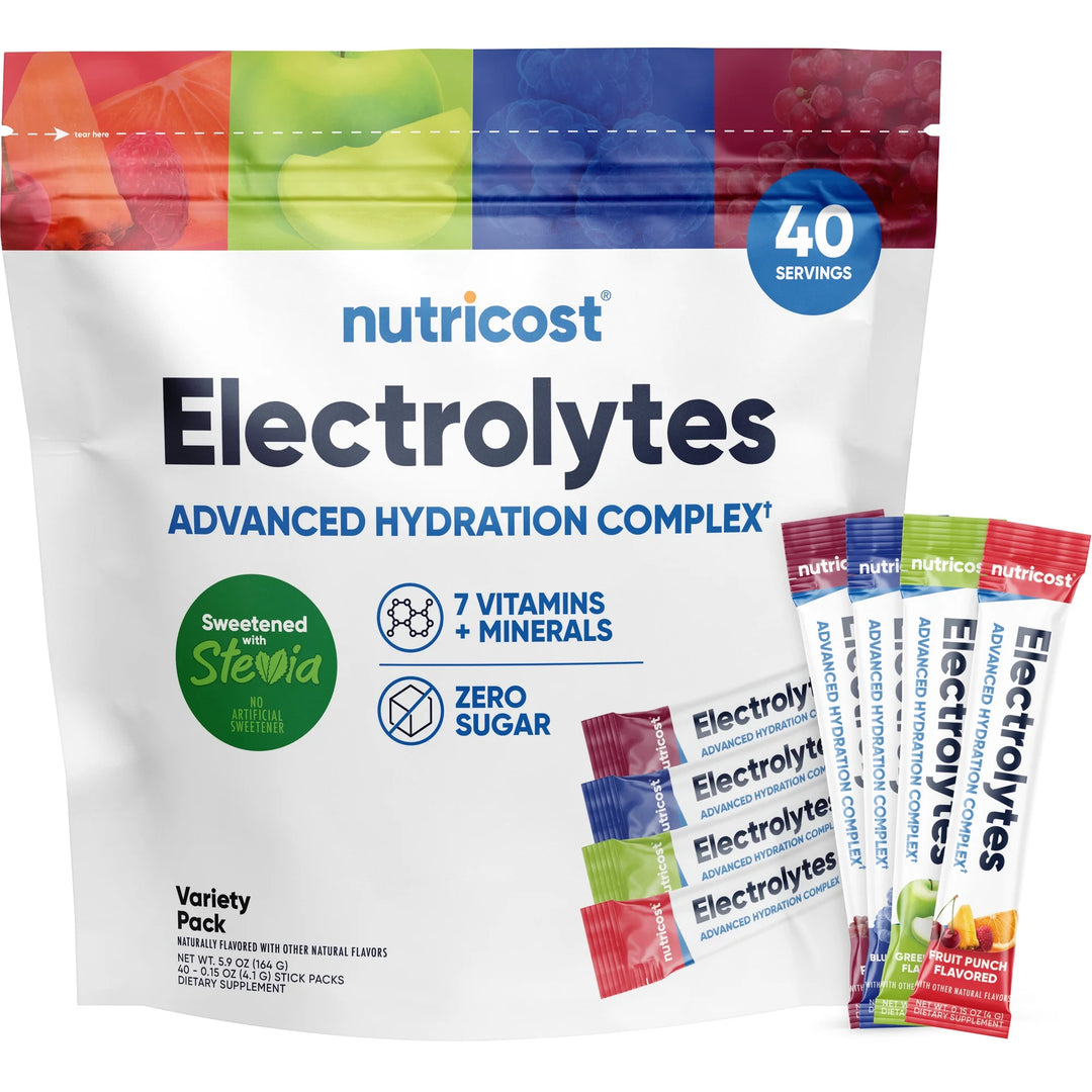 Nutricost Electrolyte Complex Powder Variety Pack - 40 Stick Pack | نيوتريكوست مكمل الكتروليتات لدعم ترطيب الجسم - 40 ظرف