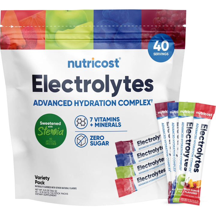 Nutricost Electrolyte Complex Powder Variety Pack - 40 Stick Pack | نيوتريكوست مكمل الكتروليتات لدعم ترطيب الجسم - 40 ظرف