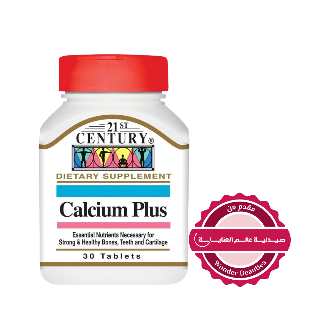 21st Century Calcium Plus dietary supplement bottle with red cap containing 30 calcium tablets
