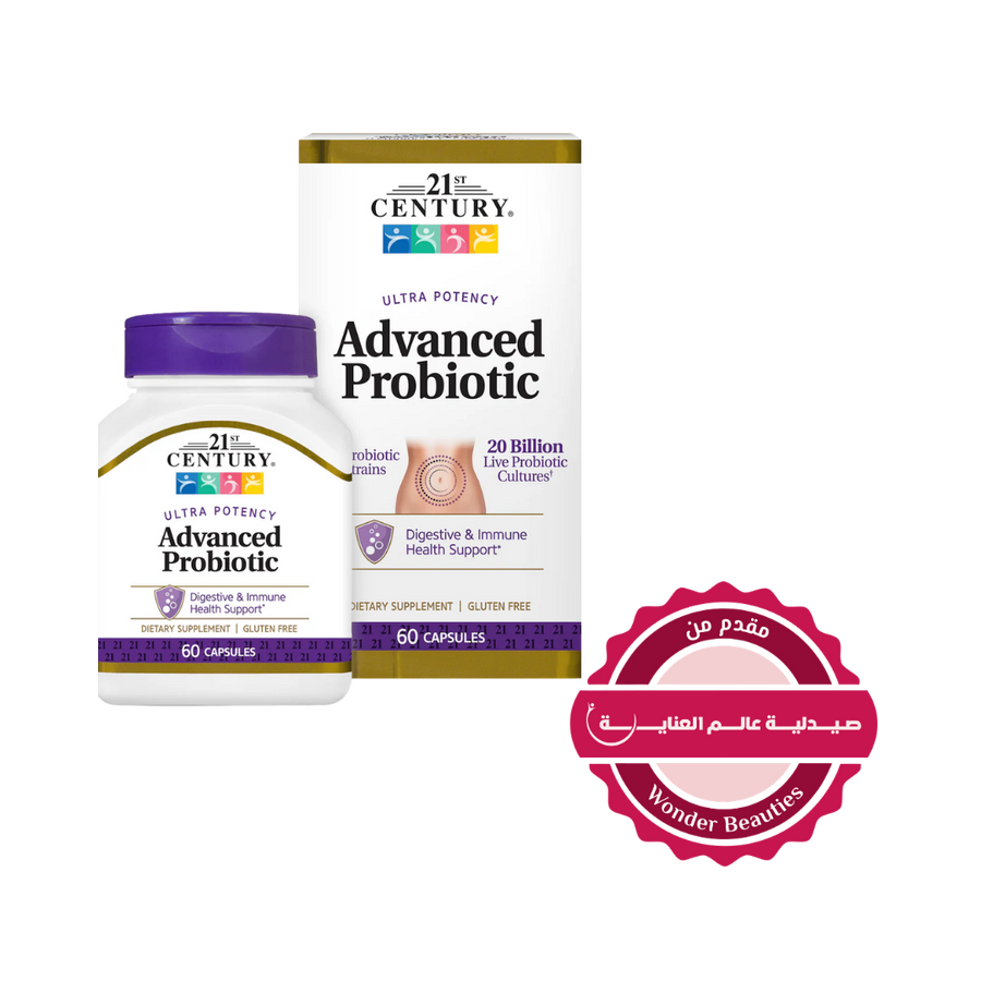 21st Century Advanced Probiotic capsules, 60 count bottle with purple cap and matching white box packaging