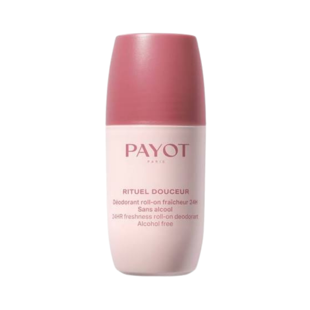 PAYOT Rituel Douceur 24H freshness roll-on deodorant, alcohol-free, 75ml, pink cap and bottle.