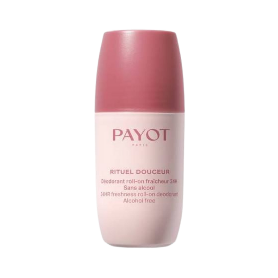 PAYOT Rituel Douceur 24H freshness roll-on deodorant, alcohol-free, 75ml, pink cap and bottle.