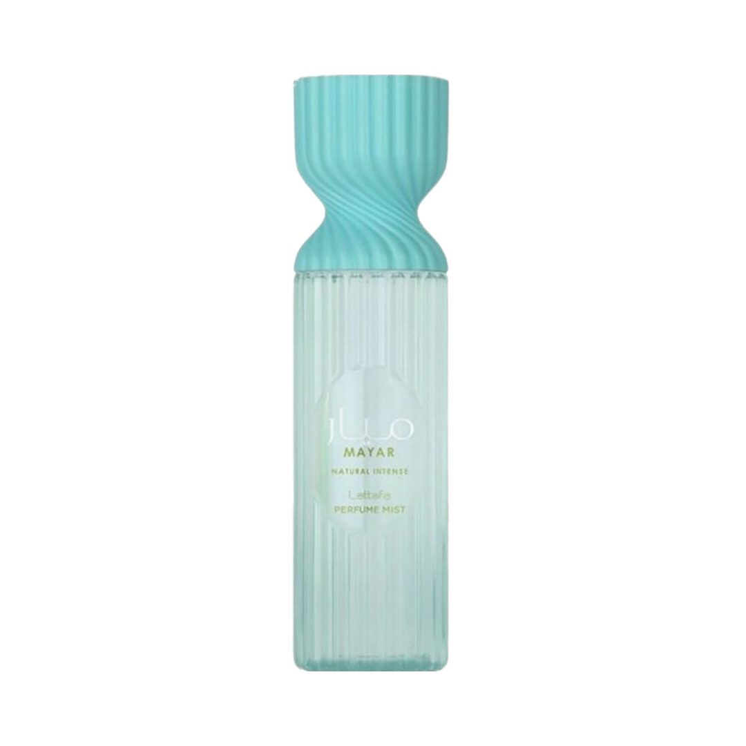 Lattafa Mayar Perfume Mist,250 ml, Natural Intense fragrance with a light blue, fluted bottle.