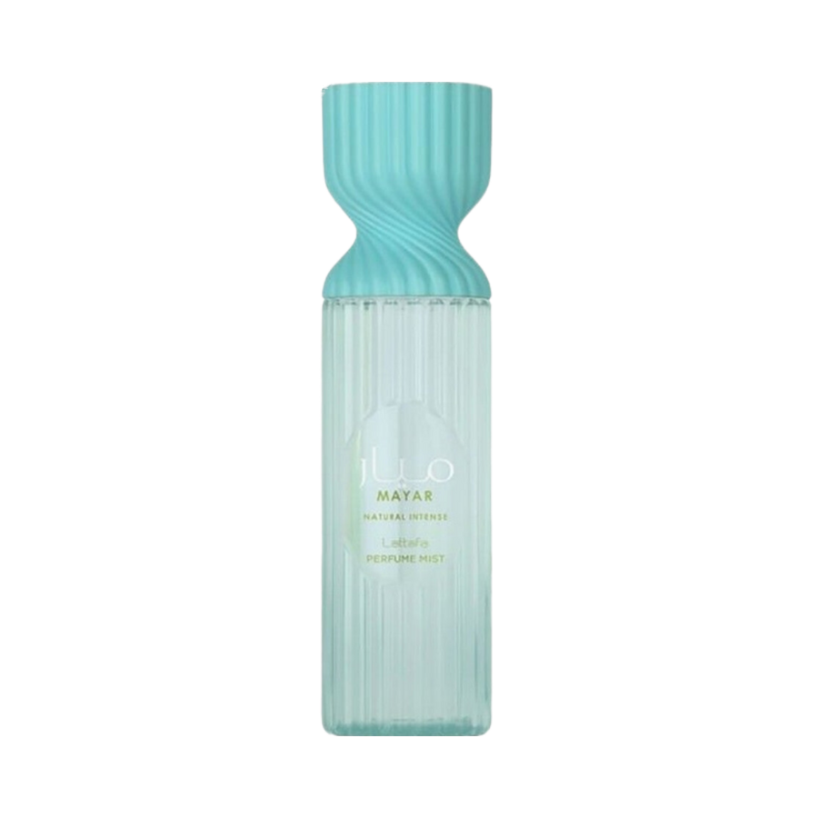 Lattafa Mayar Perfume Mist,250 ml, Natural Intense fragrance with a light blue, fluted bottle.