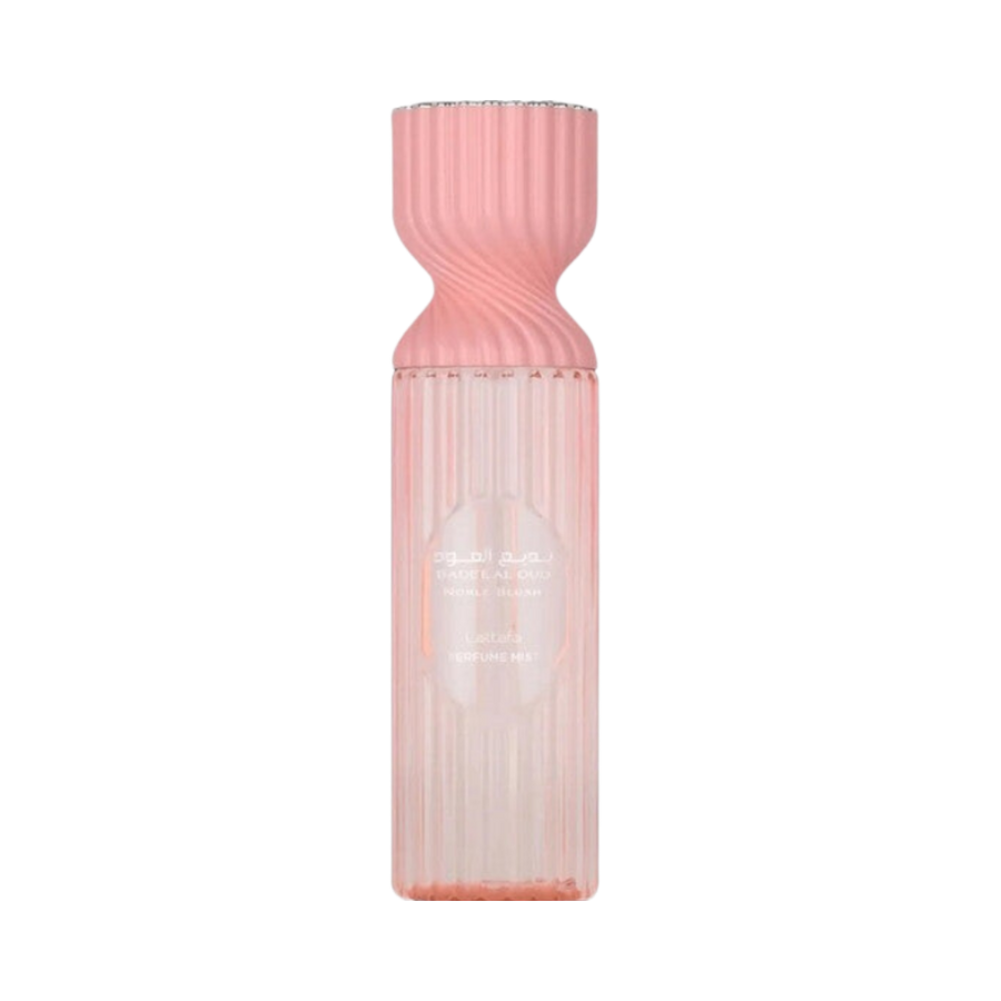 Lattafa Noble Oud Perfume Mist, with a pink, fluted bottle.