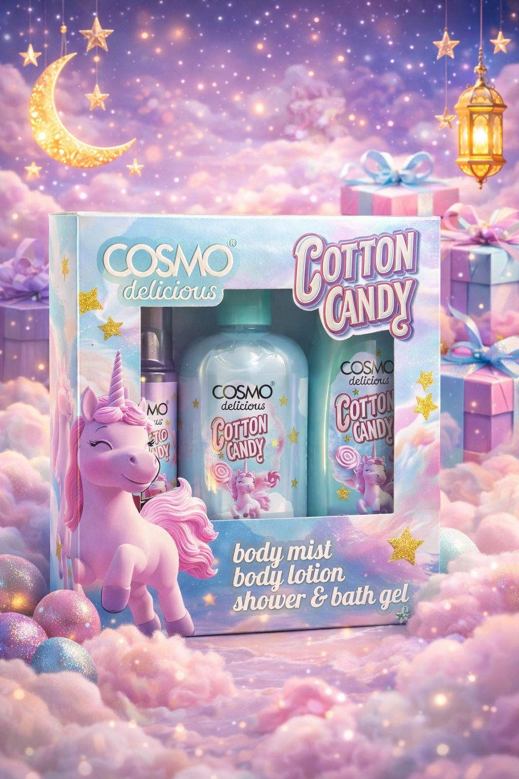 Cosmo Cotton Candy Body Mist Body Lotion Shower & Bath Gel | كوزمو مجموعة العناية بالجسم كوتون كاندي