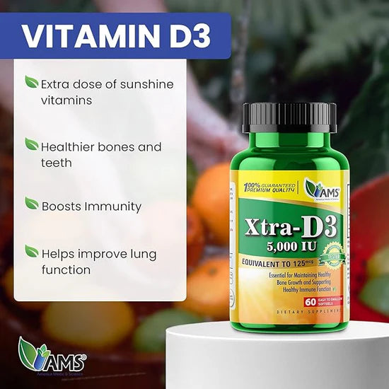 AMS Xtra D3 Vitamin D 10,000 250 mcg 60 Easy to Swallow Softgels |ايه ام اس إكسترا دي 3 فيتامين د 10,000 وحدة دولية (250 ميكروغرام) – 60 كبسولة جيلاتينية سهلة البلع