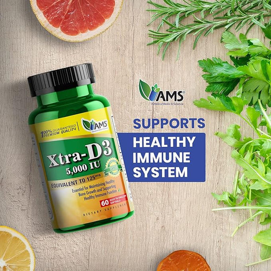 AMS Xtra D3 Vitamin D 10,000 250 mcg 60 Easy to Swallow Softgels |ايه ام اس إكسترا دي 3 فيتامين د 10,000 وحدة دولية (250 ميكروغرام) – 60 كبسولة جيلاتينية سهلة البلع