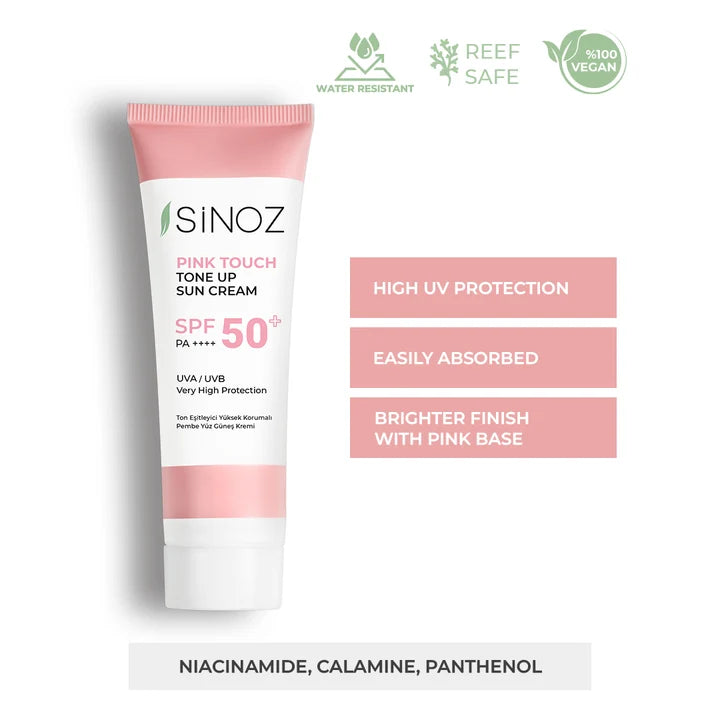 Sinoz Pink Touch Tone Up Sun Cream SPF 50+ - UVA High Protection - 50ml | سينوز كريم واقي شمسي بلمسة وردية spf +50 - 50 مل