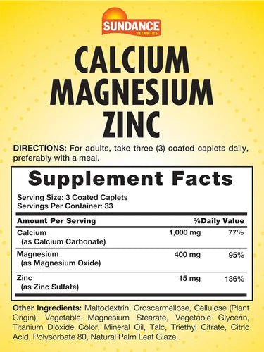 Sundance Vitamins Calcium Magnesium Zinc - 100 Coated Caplets | ساندانس فيتامينات كالسيوم مغنيسيوم زنك - 100 قرص مغلف