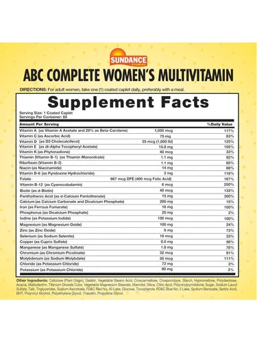 Sundance ABC Complete Women'S Multivitamin & Mineral Formula - 60 Coated Caplets | ساندانس ABC كومبليت مالتي فيتامين ومعادن للنساء - 60 قرص مغلف