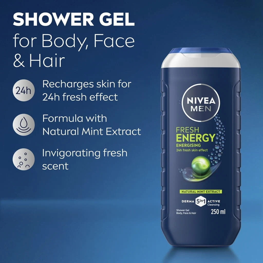 Nivea Men Energy 24 H Fresh Effect Shower Gel - 250ml | نيفيا جل استحمام إنرجي 24 ساعة انتعاش - 250مل