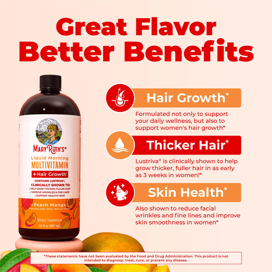 MaryRuth's Liquid Morning Multivitamin + Hair Growth Peach Mango - 450ml - 450ml | ماري روثز مالتي فيتامين لدعم نمو الشعر بنكهة الخوخ والمانجو – 450 مل