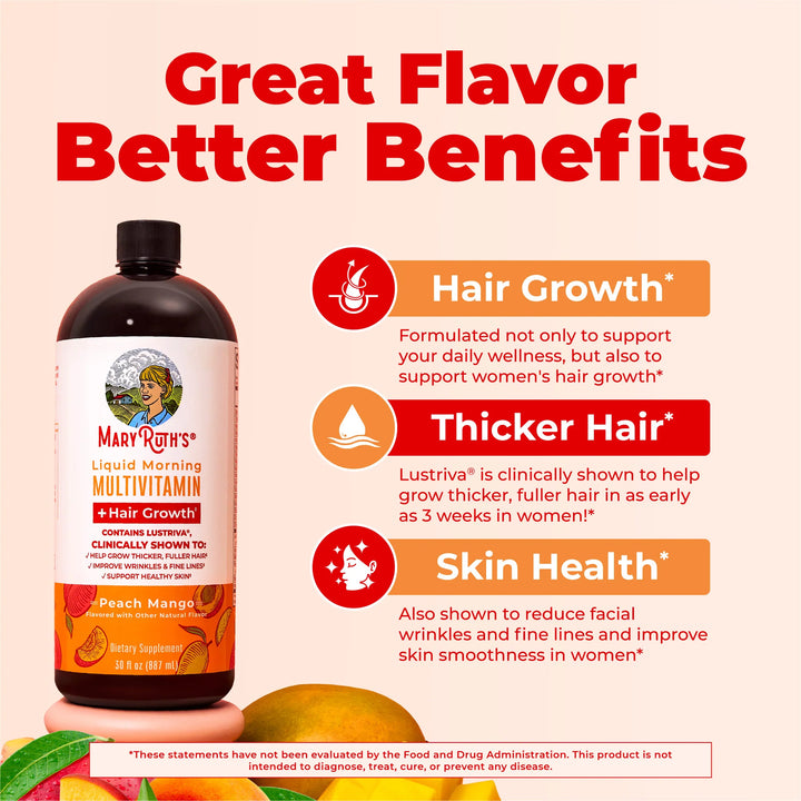 MaryRuth's Liquid Morning Multivitamin + Hair Growth Peach Mango - 450ml - 450ml | ماري روثز مالتي فيتامين لدعم نمو الشعر بنكهة الخوخ والمانجو – 450 مل
