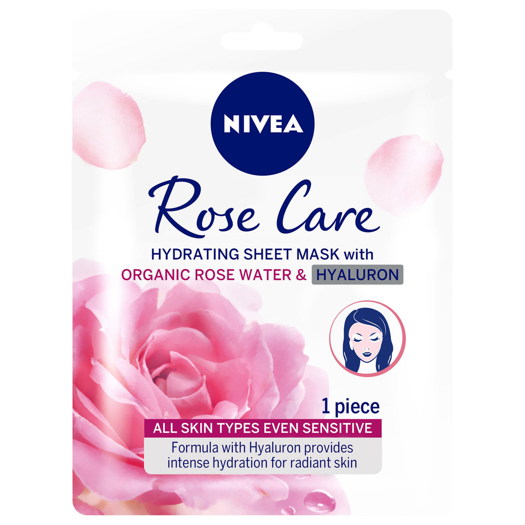 NIVEA Face Sheet Mask Hydrating, Rose Care with Organic Rose Water All Skin Types 1 Piece | ماسك ورقي للوجه من نيفيا بالترطيب، عناية الورد بماء الورد العضوي لجميع أنواع البشرة – قطعة واحدة