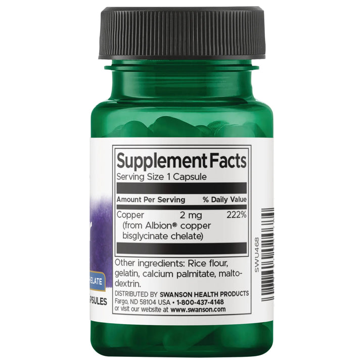 Swanson Albion Copper, 2mg, - 60 Capsules | سوانسون مكمل معدني يحتوي على النحاس - 60 كبسولة