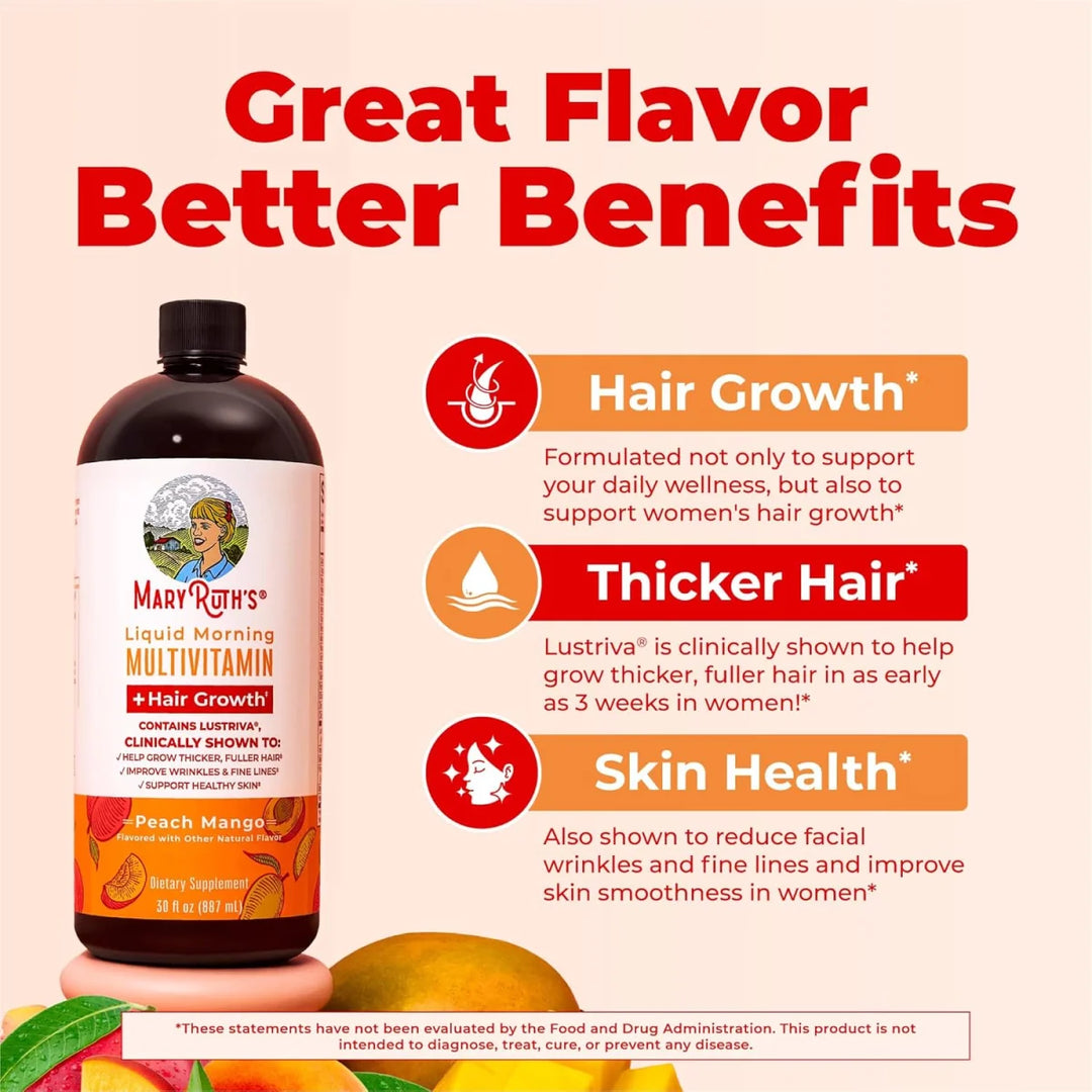 Mary Ruths Liquid Morning Multivitamin + Hair Growth, Peach & Mango - 887ml | ماري روث مكمل غذائي سائل متعدد الفيتامينات لدعم صحة الشعر للنساء - 887 مل