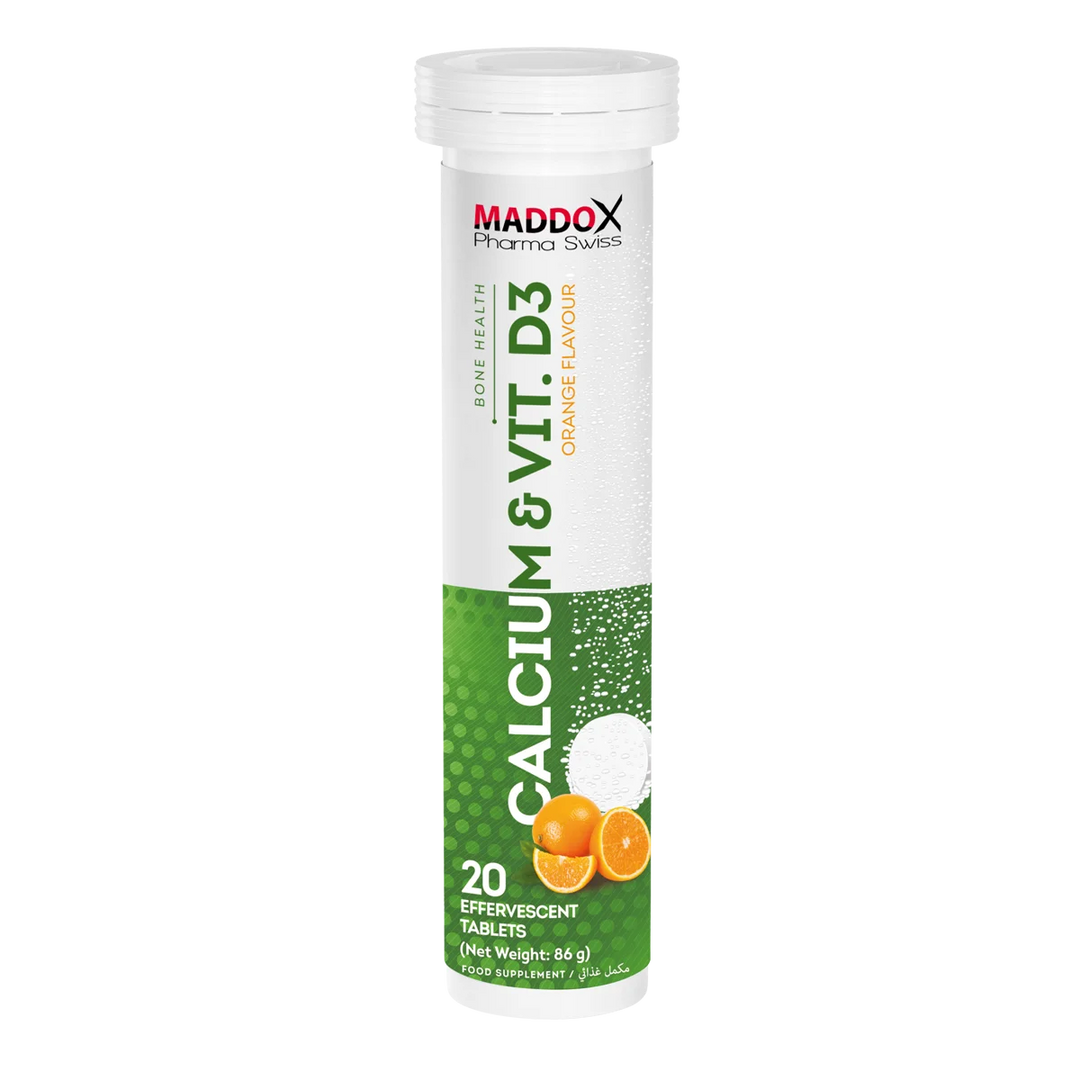 MADDOX Pharma Swiss Calcum & Vita D3 Flavour 20 Effervescent Tablets - 86g |مادوكس فارما سويس كالسيوم وفيتامين  د3 – 20 قرص فوار – 86 غرام