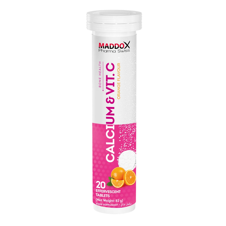 MADDOX Pharma Swiss Calcum & Vita C Flavour 20 Effervescent Tablets - 82g |مادوكس أقراص فوار كالسيوم مع فيتامين سي بطعم البرتقال – 20 قرص فوار – 82 غرام
