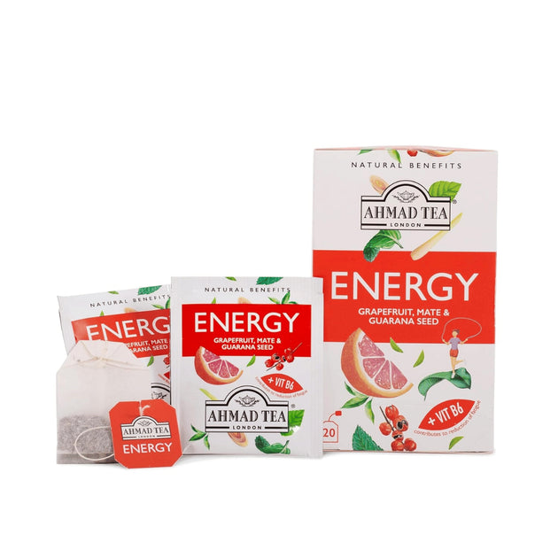 Ahmad Tea Energy Grapefruit Mate & Guarana Seed +Vita B6 20 Pcs - 30g | أحمد تي إنيرجي بالجريب فروت والماتيه وبذور الغوارانا مع فيتامين B6 – 20 كيس (30 غ)