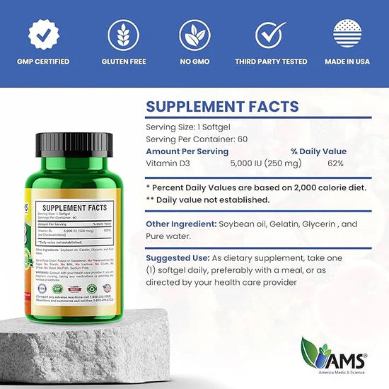 AMS Xtra D3 Vitamin D 5,000 IU - 60 Easy to Swallow Softgels | ايه ام اس كبسولات فيتامين دال 5000 وحدة دولية - 60 كبسولات هلامية