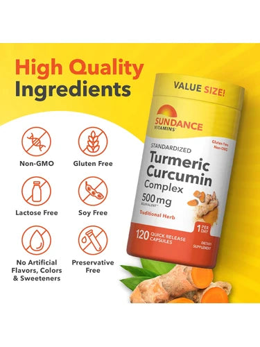 Sundance Turmeric Curcumin Complex 500mg - 120 Quick Release Capsulas - 500mg | ساندانس تركيبة الكركم والكركمين 500 ملغ - 120 كبسولة سريعة التحرر