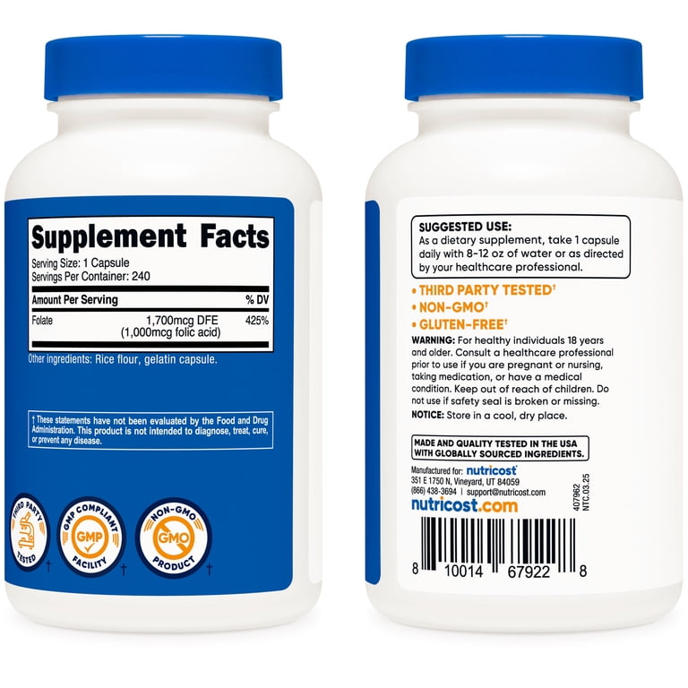 Nutricost Folic Acid Vitamin B9 1000 mcg - 240 Capsules | نوتريكوست حمض الفوليك 1000 ميكروغرام - 240 كبسولة #4