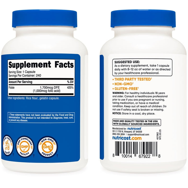 Nutricost Folic Acid Vitamin B9 1000 mcg - 240 Capsules | نوتريكوست حمض الفوليك 1000 ميكروغرام - 240 كبسولة #4