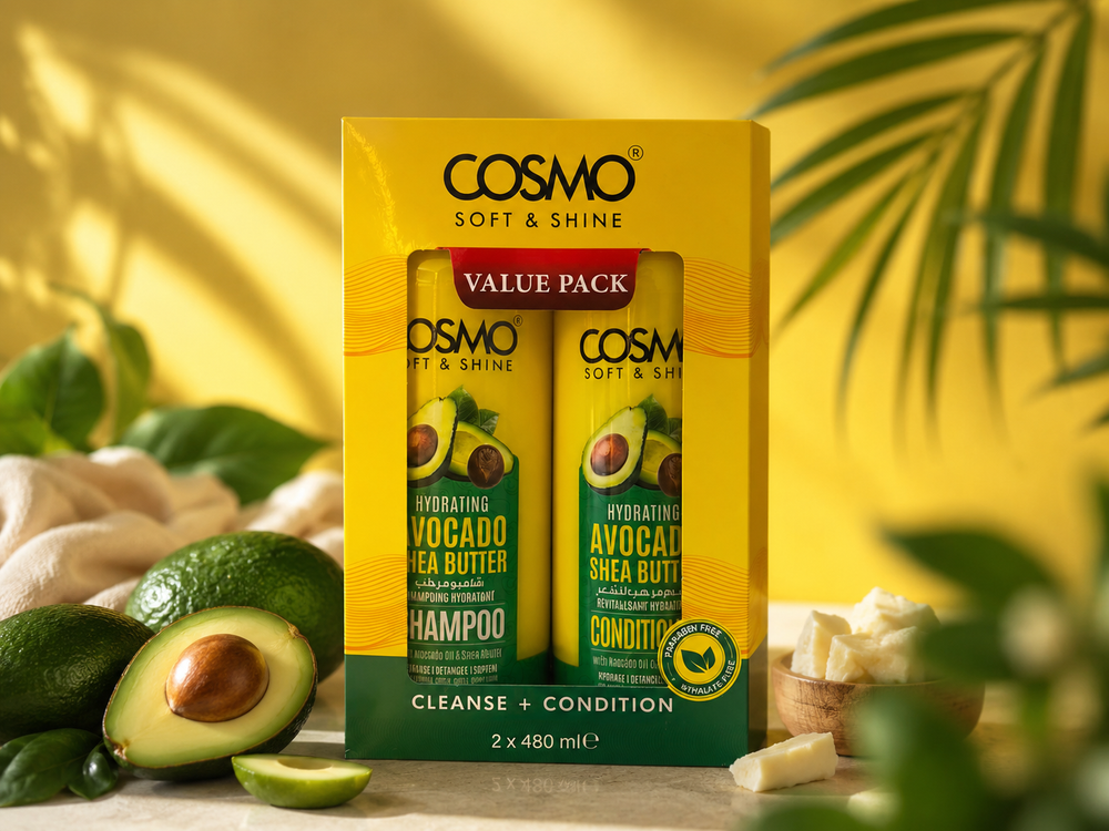 COSMO COSMATEC 2PCS VALUE PACK AVOCADO SHEA BUTTER SHAMPOO & CONDITIONER SOFT & SHINE - 480ml | كوزمو شامبو هيدراتينغ أفوكادو وزبدة الشيا - 480مل #1