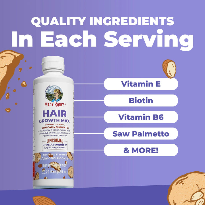 Mary Ruths Mary Ruths Hair Growth Max Liposomal Liquid Supplement Almond Cookie - 450ml | ماري روث مكمل غذائي سائل ليبوزومي بنكهة كوكي اللوز لدعم صحة الشعر - 450 مل