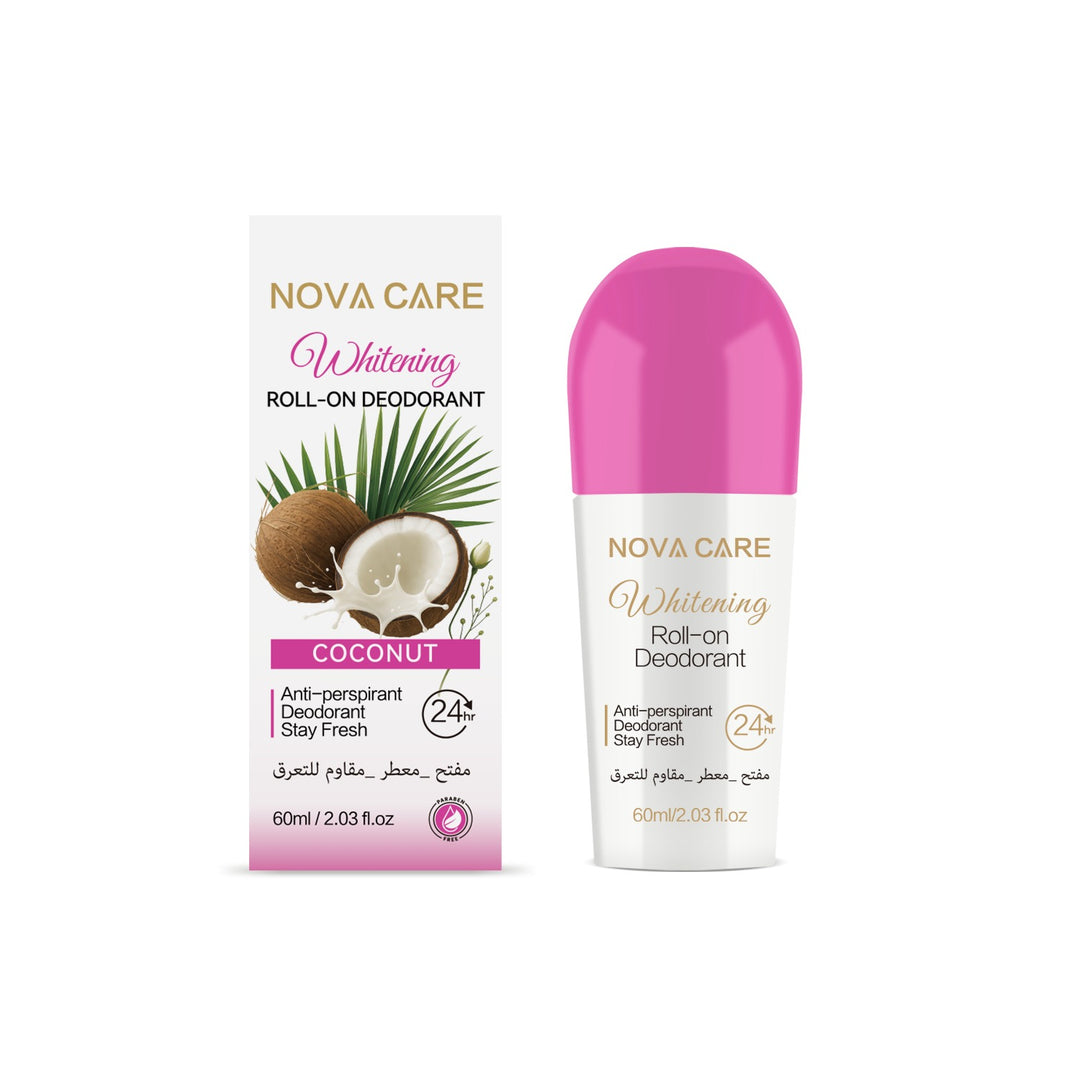 NOVA CARE  Whitening Roll-On Deodorant 24h Anti-Perspirant Coconut - 60ml | نوفا كير مزيل تعرق رول برائحة جوز الهند - 60 مل