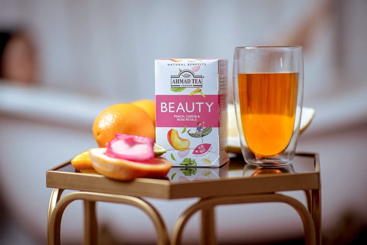 AHMAD TEA BEAUTY PEACH CAROB & ROSE PETALS +Aloe Vera 20 Pcs - 30g - 30g | شاي احمد شاي الجمال خوخ، خرنوب وبتلات الورد 20 ظرف - 30غ