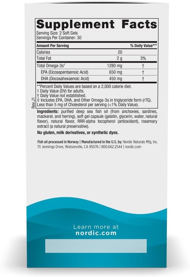 Nordic Naturals Ultimate Omega, 1280mg Omega-3 Fish Oil, Lemon - 60 Soft Gels | نورديك ناتورالز مكمل اوميغا 3 120 مغ - 60 كبسولة لينة