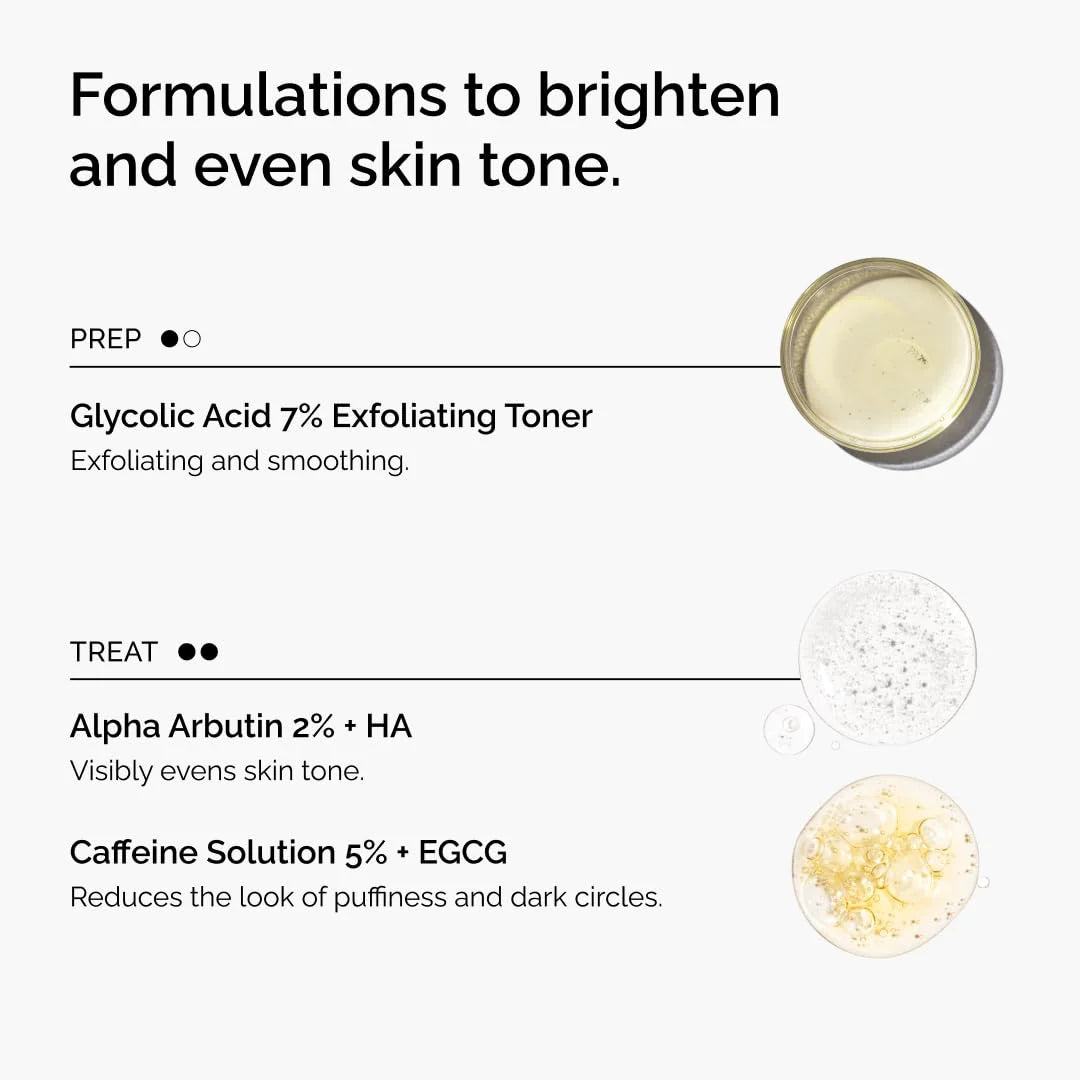 The Ordinary The Bright Set, 3-Step Regimen for Radiant, Even Skin Tone with Glycolic Acid 7% Exfoliating Toner, Alpha Arbutin 2% + HA, and Caffeine Solution 5% + EGCG Eye Serum Skin Care Set | ذا أورديناري مجموعة الإشراقة روتين من 3 خطوات