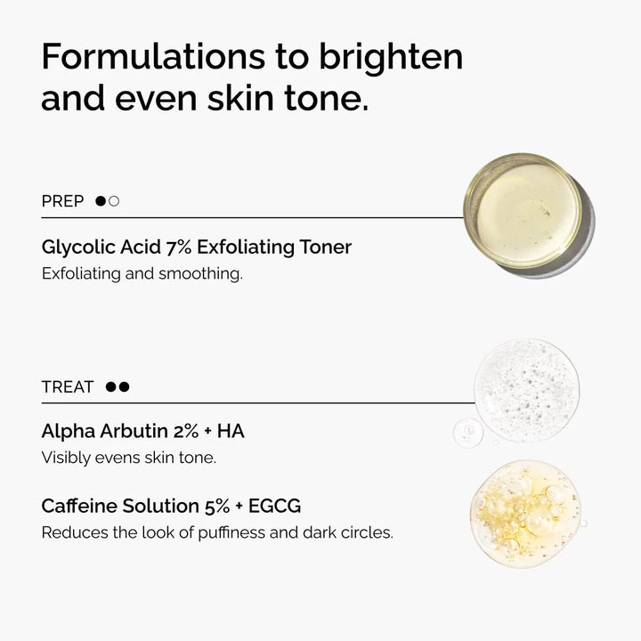 The Ordinary The Bright Set, 3-Step Regimen for Radiant, Even Skin Tone with Glycolic Acid 7% Exfoliating Toner, Alpha Arbutin 2% + HA, and Caffeine Solution 5% + EGCG Eye Serum Skin Care Set | ذا أورديناري مجموعة الإشراقة روتين من 3 خطوات