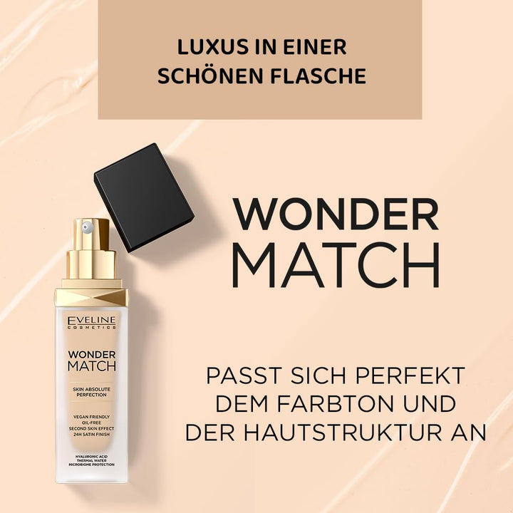 EVELINE Wonder Match Foundation Vegan Friendly Oil-Free - 30ml | ايفلين كريم أساس خالي من الزيوت - 30 مل