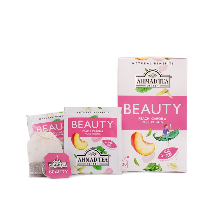 AHMAD TEA BEAUTY PEACH CAROB & ROSE PETALS +Aloe Vera 20 Pcs - 30g - 30g | شاي احمد شاي الجمال خوخ، خرنوب وبتلات الورد 20 ظرف - 30غ