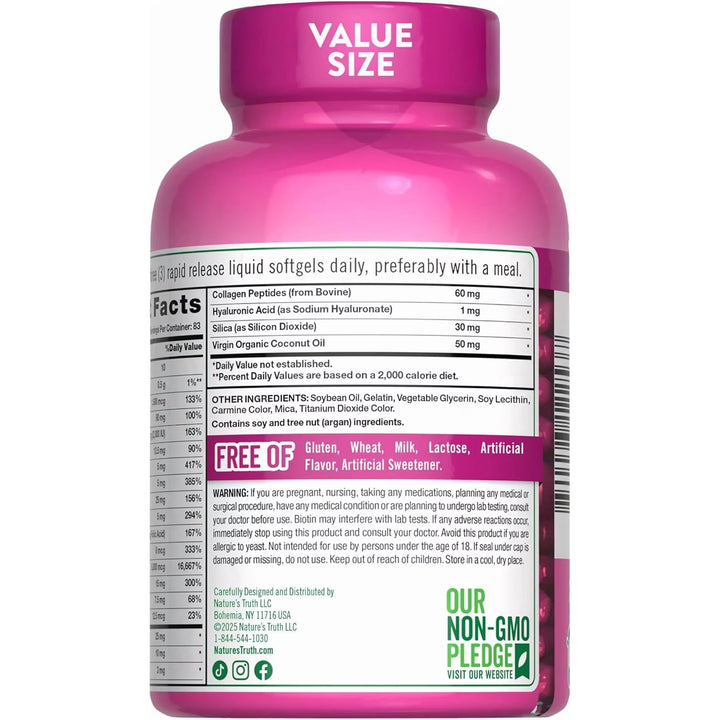 Nature's Truth Hair, Skin & Nails Vitamins 5000mcg Biotin - 250 Liquid Softgels - 250 كبسولة | نيتشرس تروث مكمل للشعر والبشرة والأظافر قوت 5000 ميكروغرام - 250 كبسولة