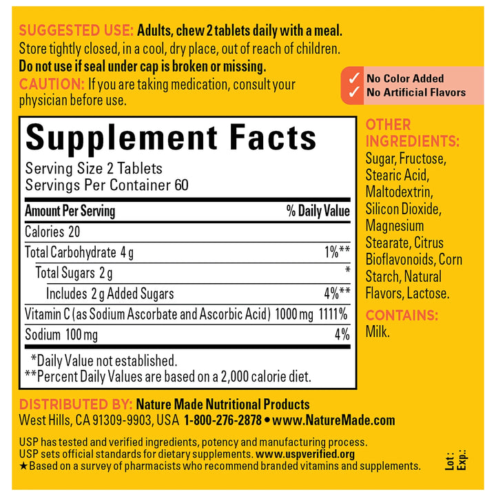 Nature Made Extra Strength Dosage Chewable Vitamin C 1000 Mg - 120 Tablets | نيتشر ميد فيتامين سي اقراص مضغ 1000 ملغ - 120 قرص