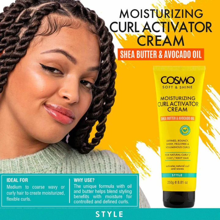 COSMO COSMETICS  MOISTURIZING CURL ACTIVATOR CREAM STYLE - 250g | كوزمو كوزمتكس كريم مرطب لتقليل الهيشان والجفاف للشعر المموج والكيرلي - 250 غ