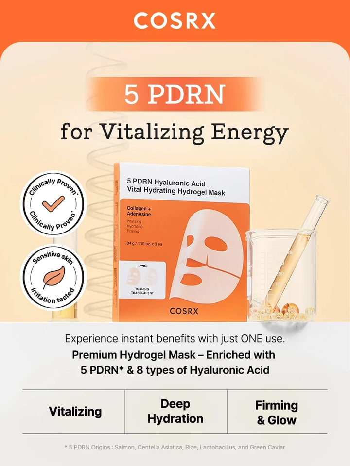 COSRX 5 PDRN Hyaluronic Acid Vital Hydrating Hydrogel Mask - 34gx3pcs - 34g | كوزركس ماسك هيدروجيل حيوي مرطب – 3 أقنعة × 34 غ