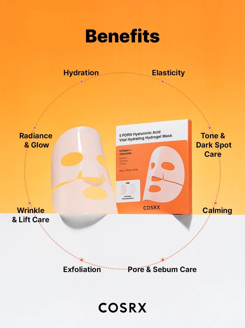 COSRX 5 PDRN Hyaluronic Acid Vital Hydrating Hydrogel Mask - 34gx3pcs - 34g | كوزركس ماسك هيدروجيل حيوي مرطب – 3 أقنعة × 34 غ